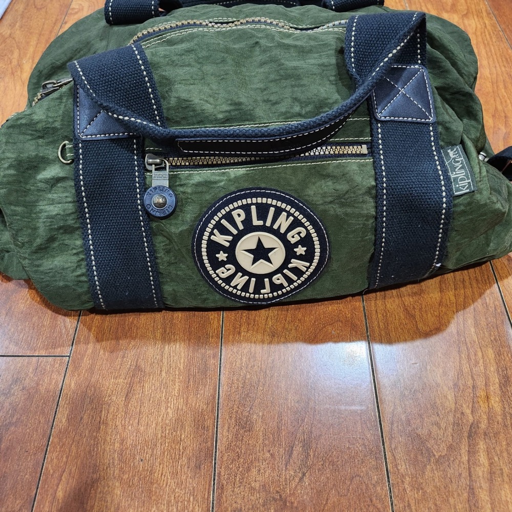 Vtg Kipling Duffle Bag Olive Grn Crinkle Nylon Wkend Travel Gym Carry On Large